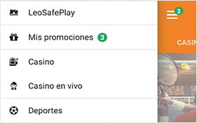 Menú desplegable con las principales funciones en la casa de apuestas LeoVegas.